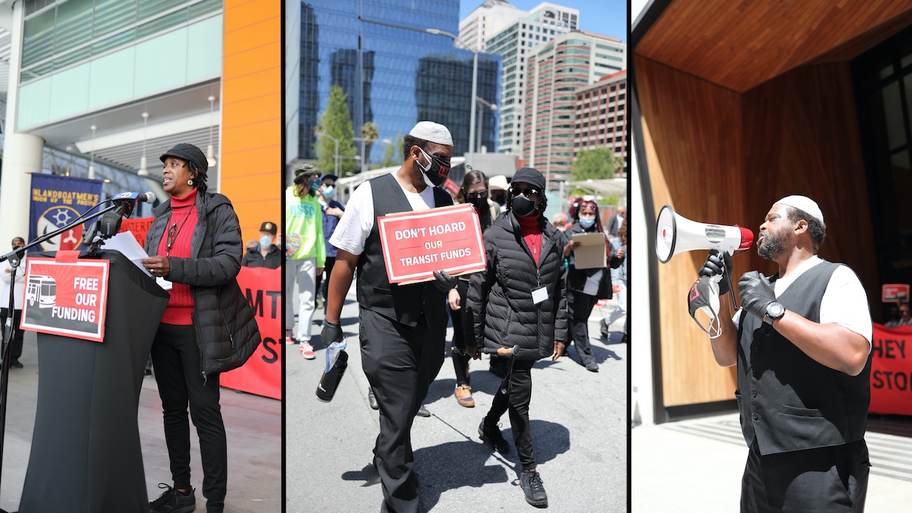 A rally and march to MTC headquarters on May 6 demanded that MTC “stop
starving our transit” and “unlock our transit money now.” Speakers from labor,
transit rider groups and talked to the press at t…